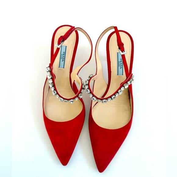 Prada Red Suede Leather Crystal embellished Mary Jane Sling back pumps EU 38.5 - Picture 2 of 11